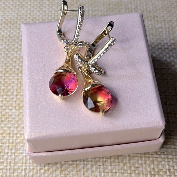 14 K Gold Plated Watermelon Stone Long Drop Earrings - Picture 2 of 5